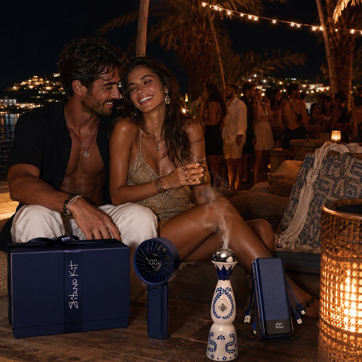 Couple enjoying a Humo Azul evening by the water