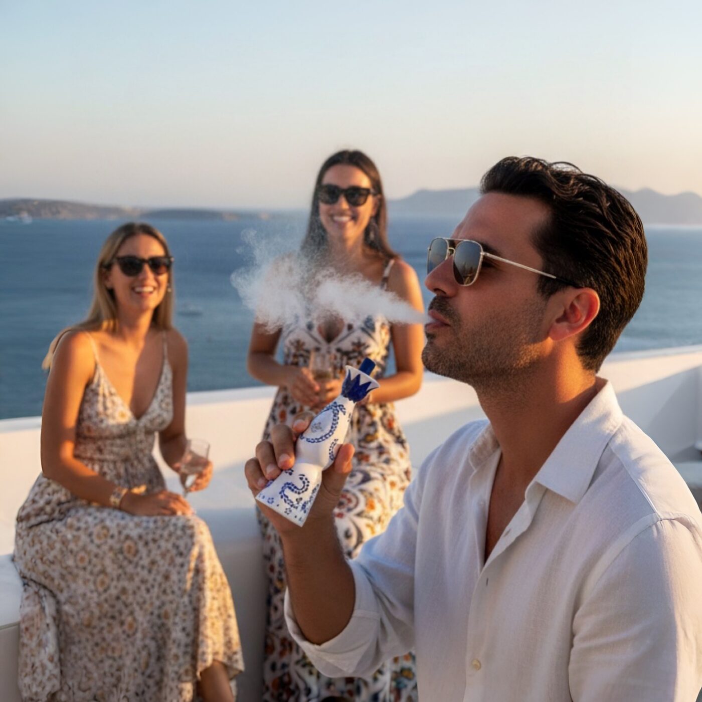 Friends enjoying Humo Azul on a rooftop at sunset